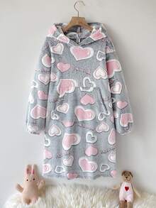 SHEIN 青少年女孩秋冬款寬鬆保暖內裡加厚雙面絨毛可愛愛心字母標語印花連帽袋鼠口袋長袖睡衣家居服睡袍 灰色/粉色 - 淺灰色 - 查看 8