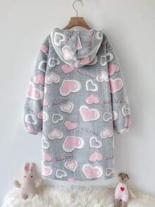 SHEIN 青少年女孩秋冬款寬鬆保暖內裡加厚雙面絨毛可愛愛心字母標語印花連帽袋鼠口袋長袖睡衣家居服睡袍 灰色/粉色 - 淺灰色 - 查看 2