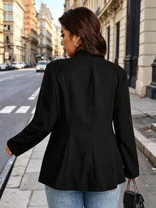 EMERY ROSE Plus Size Elegant Single-Breasted Blazer - Polyester Blend Fabric With Spandex, Stand Collar Design, Solid Color Style, Button Details, Long Sleeve Design, Woven Material, Perfect For Spring/Autumn As Fashionable Office Wear - Black - View 2