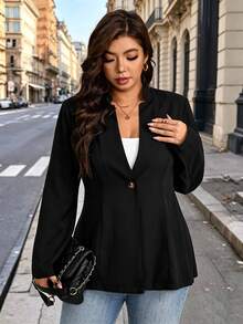 EMERY ROSE Plus Size Elegant Single-Breasted Blazer - Polyester Blend Fabric With Spandex, Stand Collar Design, Solid Color Style, Button Details, Long Sleeve Design, Woven Material, Perfect For Spring/Autumn As Fashionable Office Wear - Black - View 5