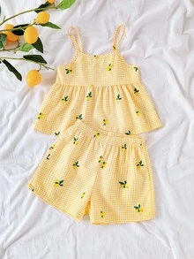 SHEIN Elladie kids 女童白色格紋細肩帶背心與短褲套裝，檸檬印花，夏季小女孩家庭度假套裝，2件組，7歲生日 - 黃色 - 查看 10