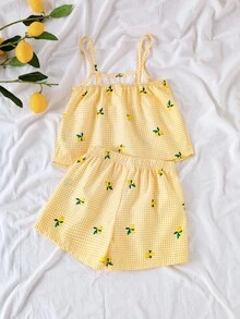 SHEIN Elladie kids 女童白色格紋細肩帶背心與短褲套裝，檸檬印花，夏季小女孩家庭度假套裝，2件組，7歲生日 - 黃色 - 查看 2