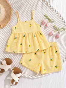 SHEIN Elladie kids 女童白色格紋細肩帶背心與短褲套裝，檸檬印花，夏季小女孩家庭度假套裝，2件組，7歲生日 - 黃色 - 查看 3