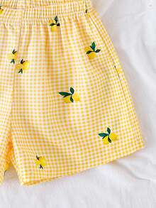 SHEIN Elladie kids 女童白色格紋細肩帶背心與短褲套裝，檸檬印花，夏季小女孩家庭度假套裝，2件組，7歲生日 - 黃色 - 查看 8