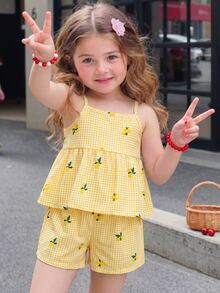 SHEIN Elladie kids 女童白色格紋細肩帶背心與短褲套裝，檸檬印花，夏季小女孩家庭度假套裝，2件組，7歲生日 - 黃色 - 查看 4