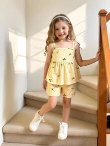 SHEIN Elladie kids 女童白色格紋細肩帶背心與短褲套裝，檸檬印花，夏季小女孩家庭度假套裝，2件組，7歲生日 - 黃色 - 查看 5