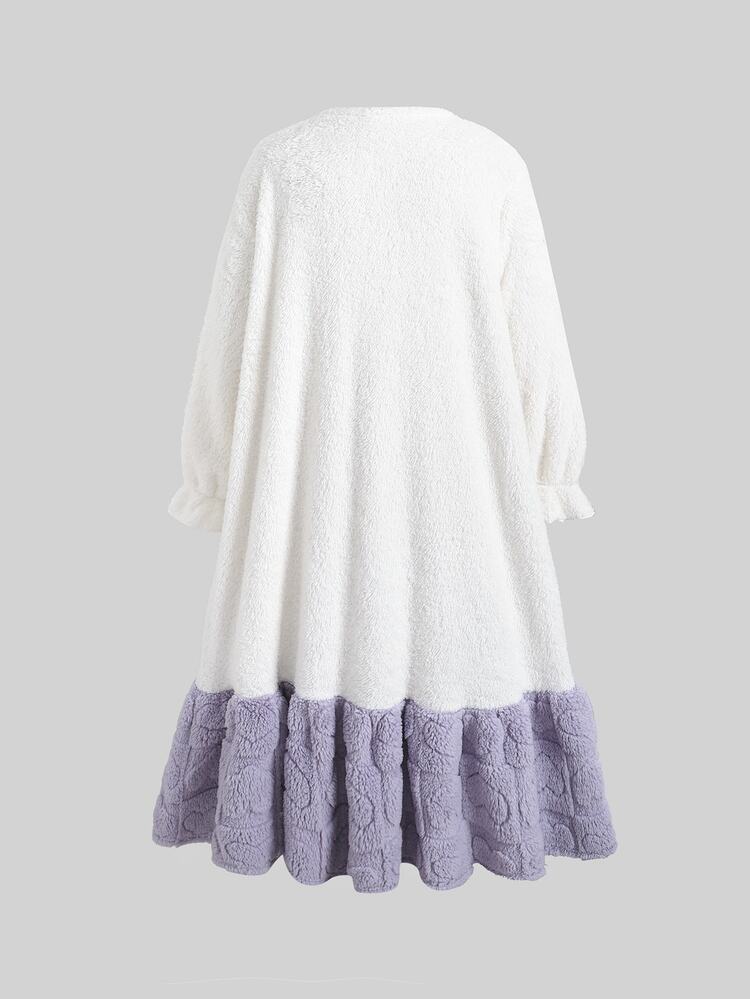 SHEIN Tween Girl Autumn/Winter Casual Thermal Lined Thick Plush Double-Sided Coral Thermal Heart Patchwork Embroidered Colorblock Loose Long Pullover Hooded Sleep Robe Nightgown Loungewear Pink Purple - Baby Blue - View 2