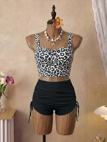 SHEIN Swim 2025 女士豹纹比基尼泳装套装，休闲海滩度假夏季 - 彩色 - 查看 3