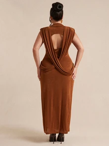 SHEIN BAE CURVE Plus Size Women's Fashion Versatile Dress For Vacation And Travel - Brown - View 6