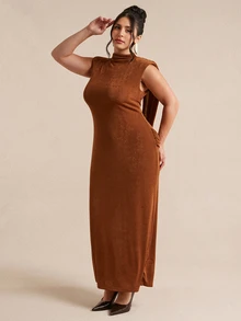 SHEIN BAE CURVE Plus Size Women's Fashion Versatile Dress For Vacation And Travel - Brown - View 4