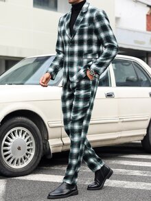 Manfinity Mode Men's Plaid Notch Collar Long Sleeve Suit Jacket And Pants Casual Set, Autumn/Winter - Blue - View 2