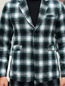Manfinity Mode Men's Plaid Notch Collar Long Sleeve Suit Jacket And Pants Casual Set, Autumn/Winter - Blue - View 5