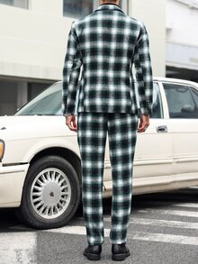 Manfinity Mode Men's Plaid Notch Collar Long Sleeve Suit Jacket And Pants Casual Set, Autumn/Winter - Blue - View 3
