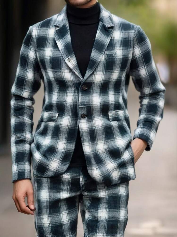Manfinity Mode Men's Plaid Notch Collar Long Sleeve Suit Jacket And Pants Casual Set, Autumn/Winter - Blue - View 6