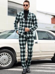 Manfinity Mode Men's Plaid Notch Collar Long Sleeve Suit Jacket And Pants Casual Set, Autumn/Winter - Blue - View 1