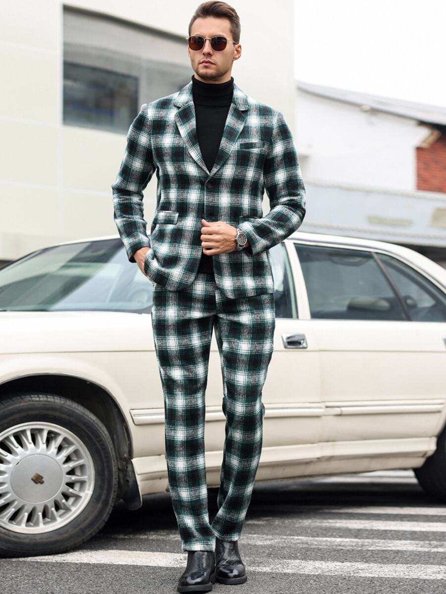 Manfinity Mode Men's Plaid Notch Collar Long Sleeve Suit Jacket And Pants Casual Set, Autumn/Winter - Blue - View 1