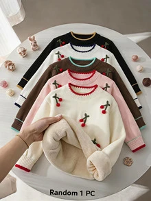SHEIN 女童櫻桃圖案對比滾邊落肩保暖秋季針織毛衣 - 米色 - 查看 7