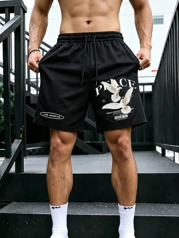 Neovey Men's Summer Casual Streetwear Pigeon Print Drawstring Waist Shorts Vacation Holiday Black And White - Black - View 3