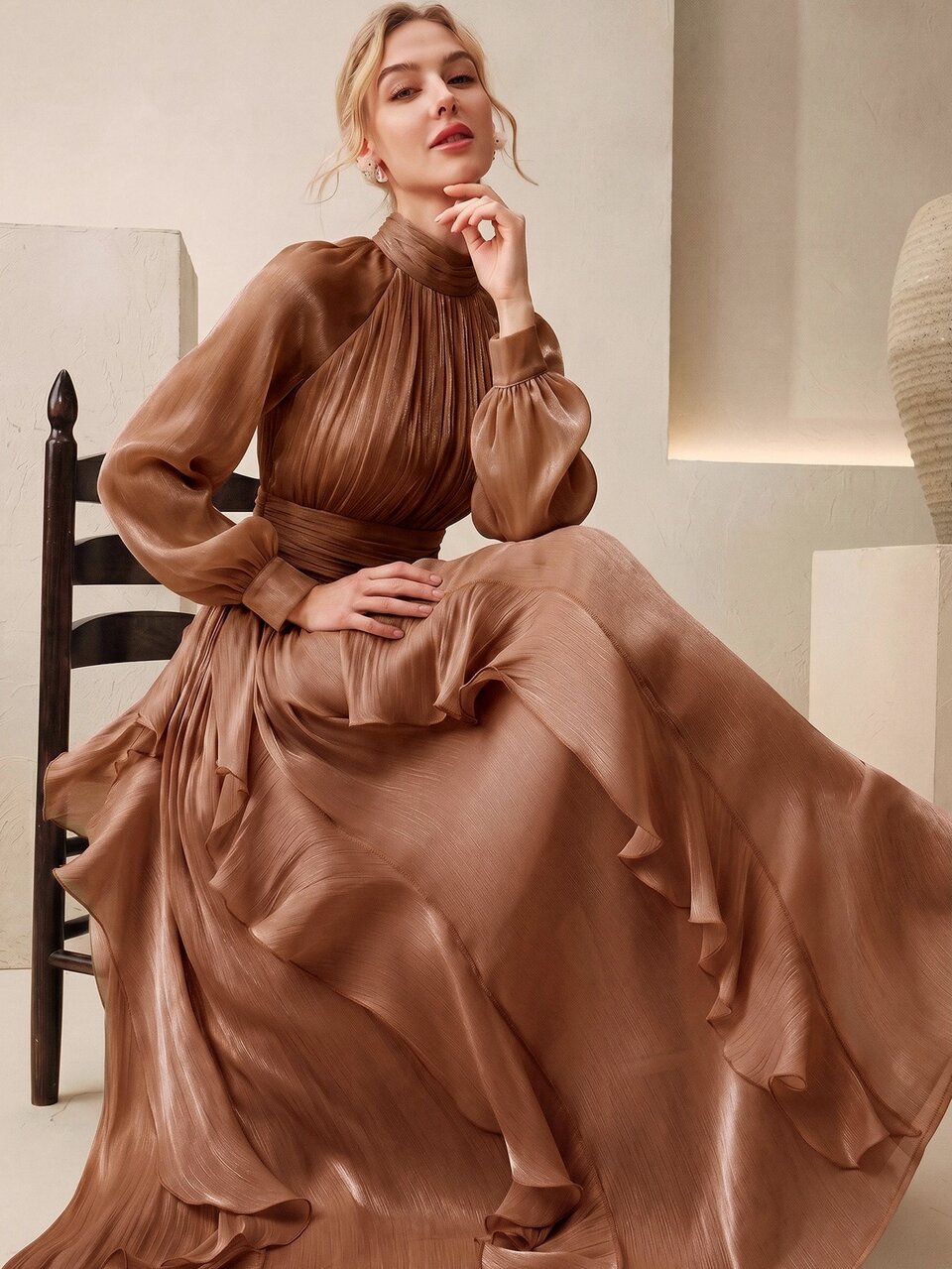 Anewsta Women's New Elegant Long Sleeve Halter Dress With Waist Pleats, Shiny Wavy Hem Flared Skirt, Coffee Color, Suitable For Banquet, Party, Gathering