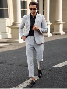 Manfinity Mode Conjunto de blazer de manga larga con botones delanteros de unicolor y pantalones con decoración de bolsillos - Gris - Ver 1