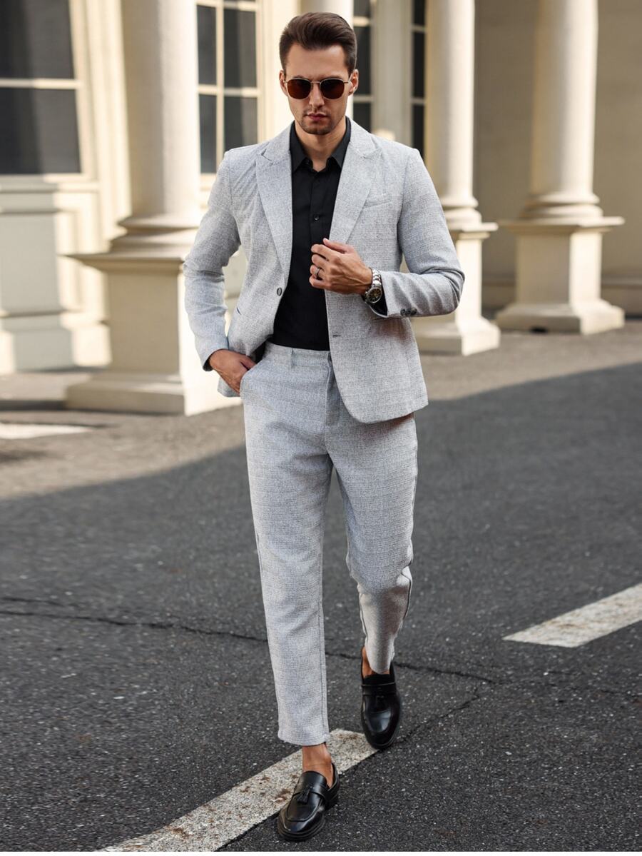 Manfinity Mode Conjunto de blazer de manga larga con botones delanteros de unicolor y pantalones con decoración de bolsillos - Gris - Ver 1