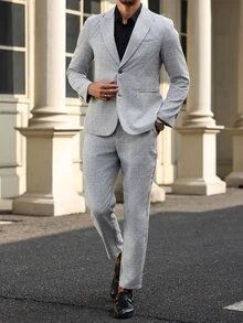 Manfinity Mode Conjunto de blazer de manga larga con botones delanteros de unicolor y pantalones con decoración de bolsillos - Gris - Ver 4