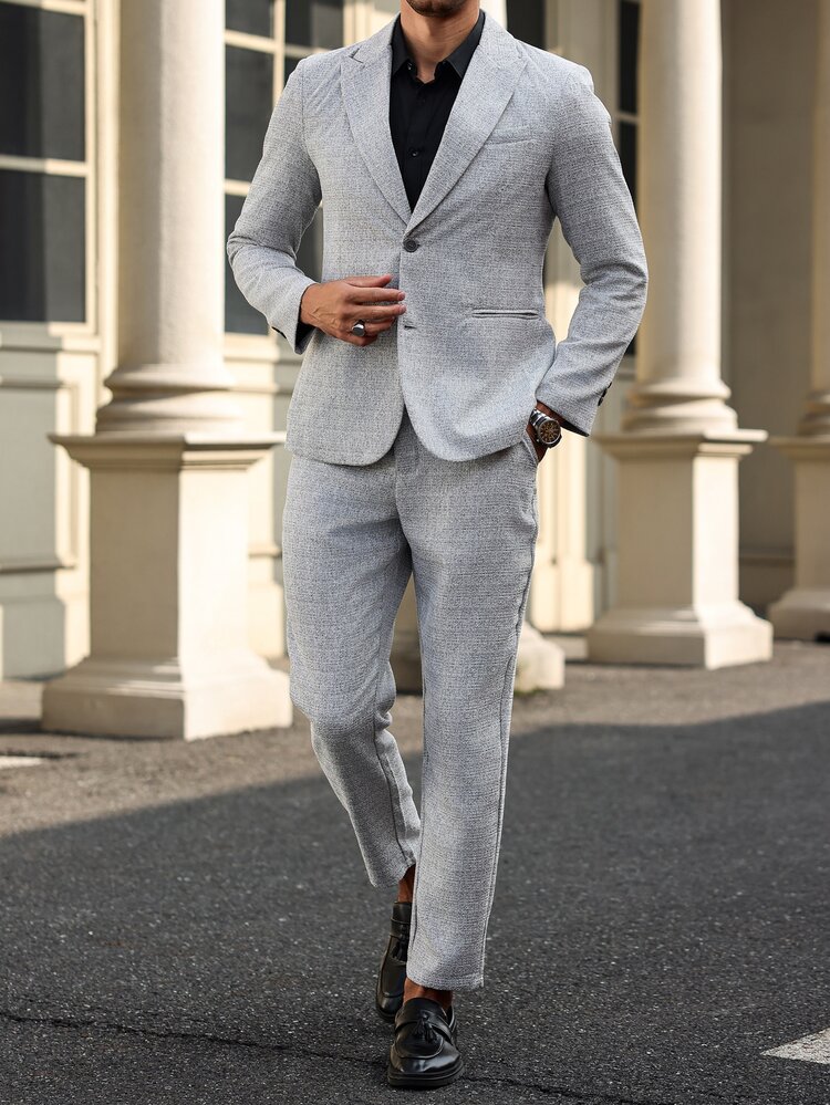 Manfinity Mode Solid Color Front Button Long Sleeve Blazer And Pocket Decoration Pants Suit Set - Grey - View 4