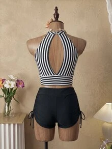 Oceva 女士夏季沙滩条纹镂空性感挂脖比基尼套装 - 彩色 - 查看 4