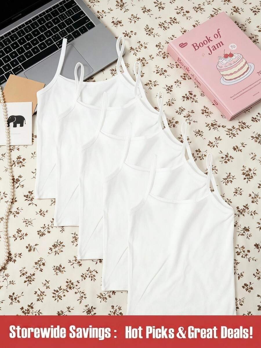 SHEIN 5pcs/Set Tween Girl Casual Cute Ballet Solid Color Comfortable Camisole Underwear Winter School Gymnastics All White