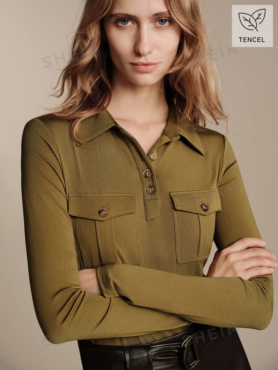 Anewsta Essential Elegant Casual Commuter Double Pocket Half-Placket Long Sleeve Women's Olive Green Lapel Knit Top Office Fall - Army Green - View 1