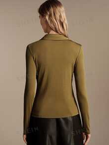 Anewsta Essential Elegant Casual Commuter Double Pocket Half-Placket Long Sleeve Women's Olive Green Lapel Knit Top Office Fall - Army Green - View 2
