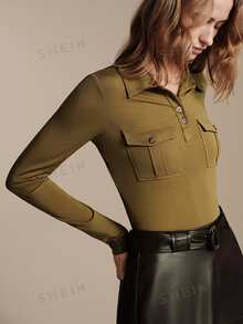 Anewsta Essential Elegant Casual Commuter Double Pocket Half-Placket Long Sleeve Women's Olive Green Lapel Knit Top Office Fall - Army Green - View 5