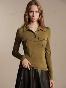 Anewsta Essential Elegant Casual Commuter Double Pocket Half-Placket Long Sleeve Women's Olive Green Lapel Knit Top Office Fall - Army Green - View 4