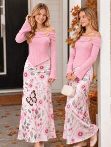 Tween Girls Autumn 2pcs Set Off Shoulder Rib Knit Top & Floral Print Maxi Skirt - Pink - View 8