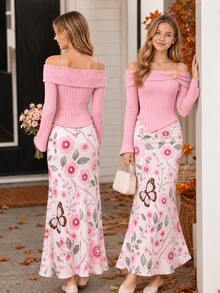 Tween Girls Autumn 2pcs Set Off Shoulder Rib Knit Top & Floral Print Maxi Skirt - Pink - View 3