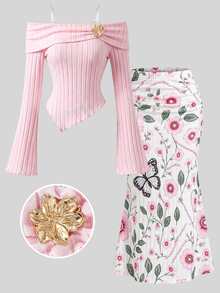 Tween Girls Autumn 2pcs Set Off Shoulder Rib Knit Top & Floral Print Maxi Skirt - Pink - View 4