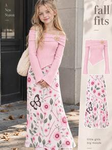 Tween Girls Autumn 2pcs Set Off Shoulder Rib Knit Top & Floral Print Maxi Skirt - Pink - View 9