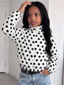SHEIN Tween女孩秋冬保暖內裡加厚黑白波點印花立領拉鍊修身寬鬆長袖口袋夾克 雙面抓絨毛絨外套 白色 - 白色 - 查看 7