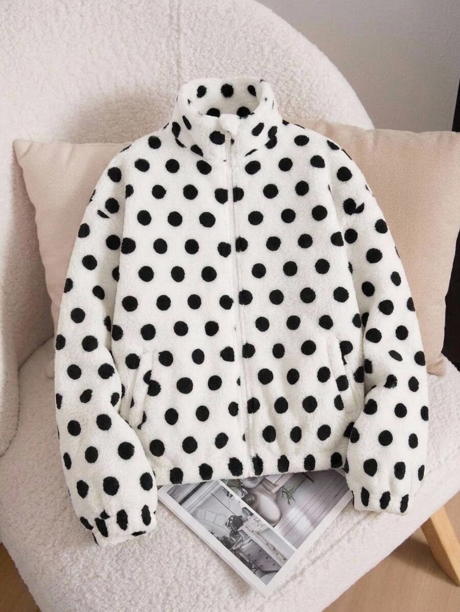 SHEIN Tween女孩秋冬保暖內裡加厚黑白波點印花立領拉鍊修身寬鬆長袖口袋夾克 雙面抓絨毛絨外套 白色 - 白色 - 查看 1