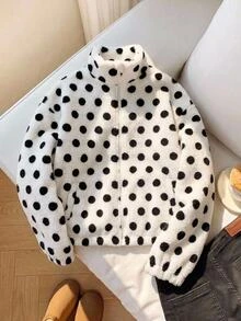 SHEIN Tween女孩秋冬保暖內裡加厚黑白波點印花立領拉鍊修身寬鬆長袖口袋夾克 雙面抓絨毛絨外套 白色 - 白色 - 查看 6