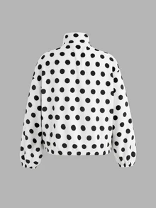 SHEIN Tween女孩秋冬保暖內裡加厚黑白波點印花立領拉鍊修身寬鬆長袖口袋夾克 雙面抓絨毛絨外套 白色 - 白色 - 查看 2