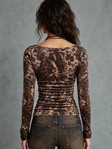 Solivie Women's Leopard Print Velvet Long Sleeve Top Leopard Print Basic Blouses Fall Clothes - Multicolor - View 3