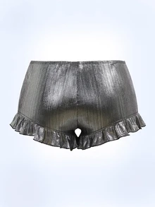 Y2Kool Y2K金属涂层荷叶边低腰紧身短裤，女士休闲街头风，适合春夏派对、度假、日常穿着 - 銀色 - 查看 2