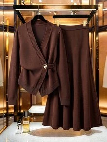GlowEve CURVE Plus Button Detail Cardigan & Knit Skirt Winter - Coffee Brown - View 3