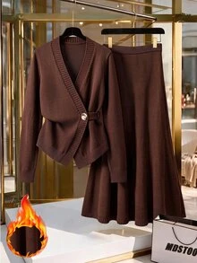 GlowEve CURVE Plus Button Detail Cardigan & Knit Skirt Winter - Coffee Brown - View 1