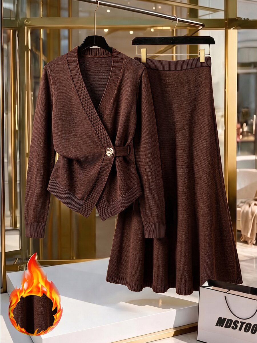 GlowEve CURVE Plus Button Detail Cardigan & Knit Skirt Winter - Coffee Brown - View 1