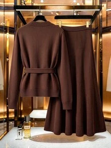 GlowEve CURVE Plus Button Detail Cardigan & Knit Skirt Winter - Coffee Brown - View 2