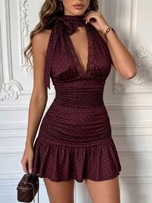 Cévolie Women's Polka Dot Lace Patchwork Sexy Ruched Halter Neck Dress For Date And Party - Burgundy - View 6