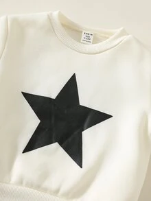 SHEIN 2件組嬰兒男孩女孩星星圖案針織軟綿圓領長袖套頭衛衣彈性腰長褲抓絨加厚款，適合秋冬 - 彩色 - 查看 5