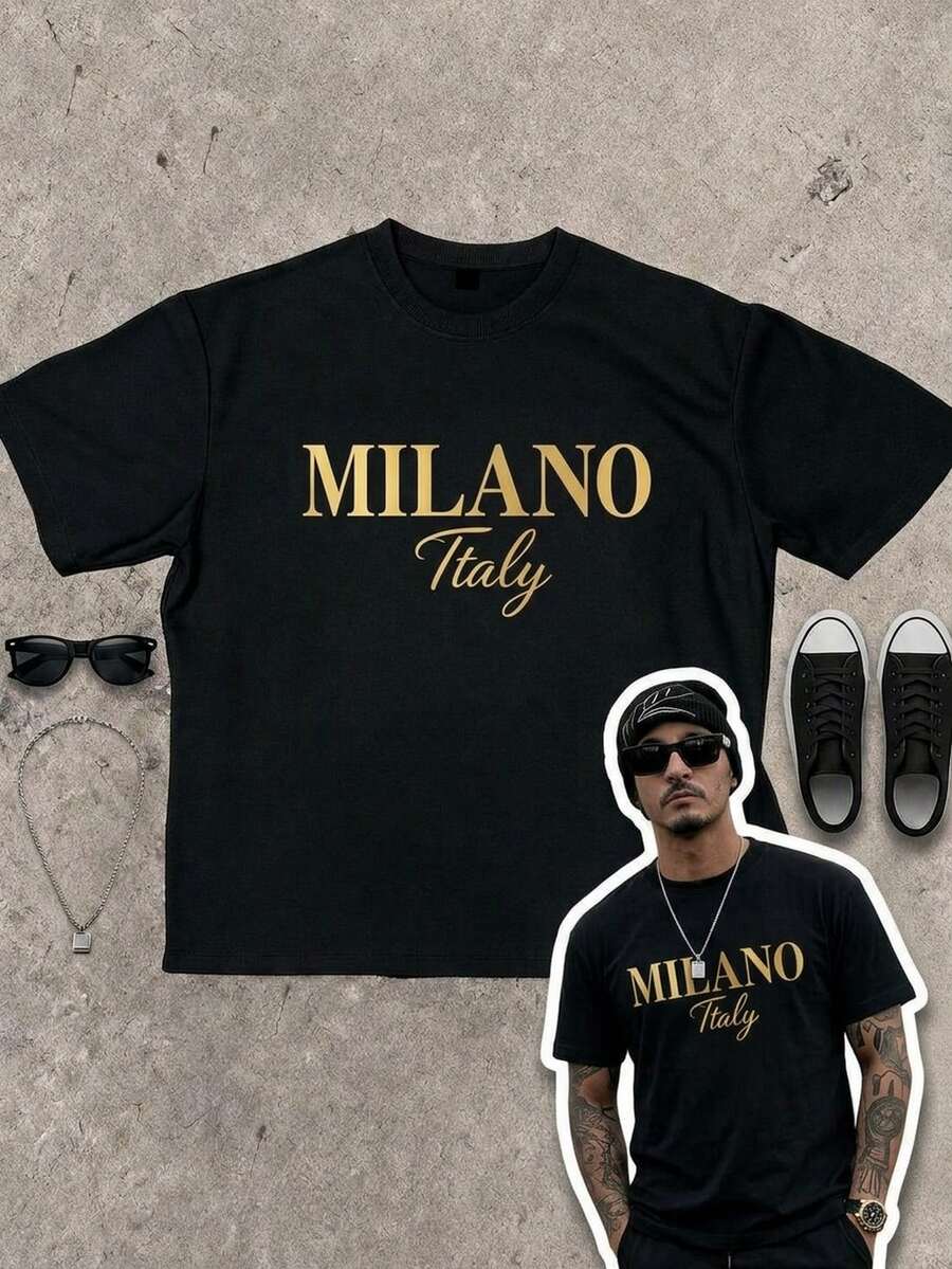 IslaSuriya Men's Summer Letter Print Round Neck Short Sleeve Casual Street Wear Versatile T-Shirt Day Black And Gold - Black - View 1
